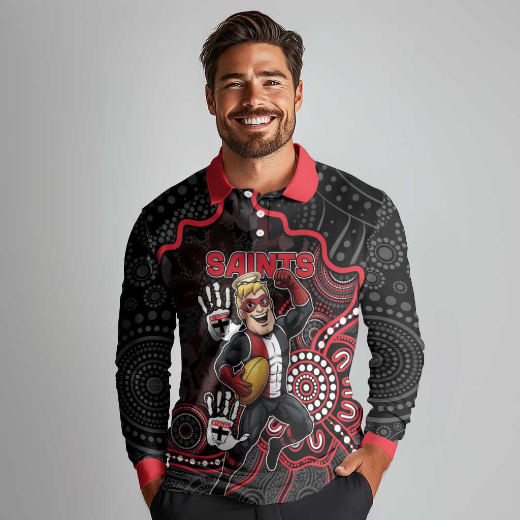 Custom Saints Football Long Sleeve Polo Shirt Aboriginal Dot Art Pattern