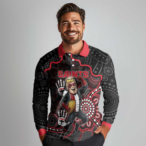 Custom Saints Football Long Sleeve Polo Shirt Aboriginal Dot Art Pattern