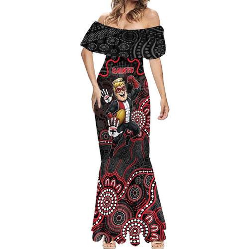 Custom Saints Football Mermaid Dress Aboriginal Dot Art Pattern