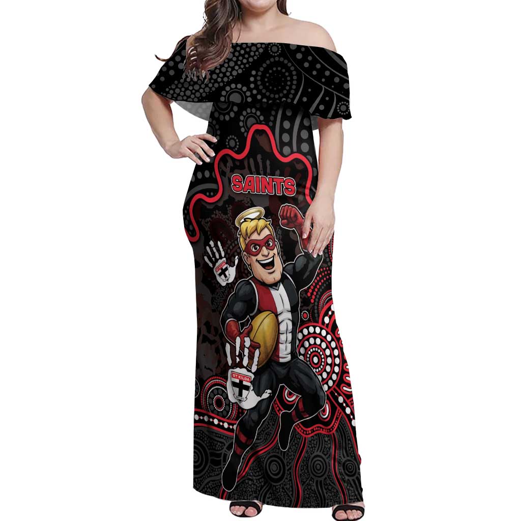 Custom Saints Football Off Shoulder Maxi Dress Aboriginal Dot Art Pattern
