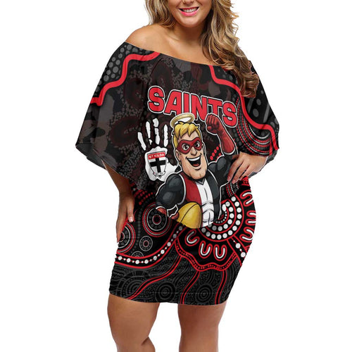 Custom Saints Football Off Shoulder Short Dress Aboriginal Dot Art Pattern