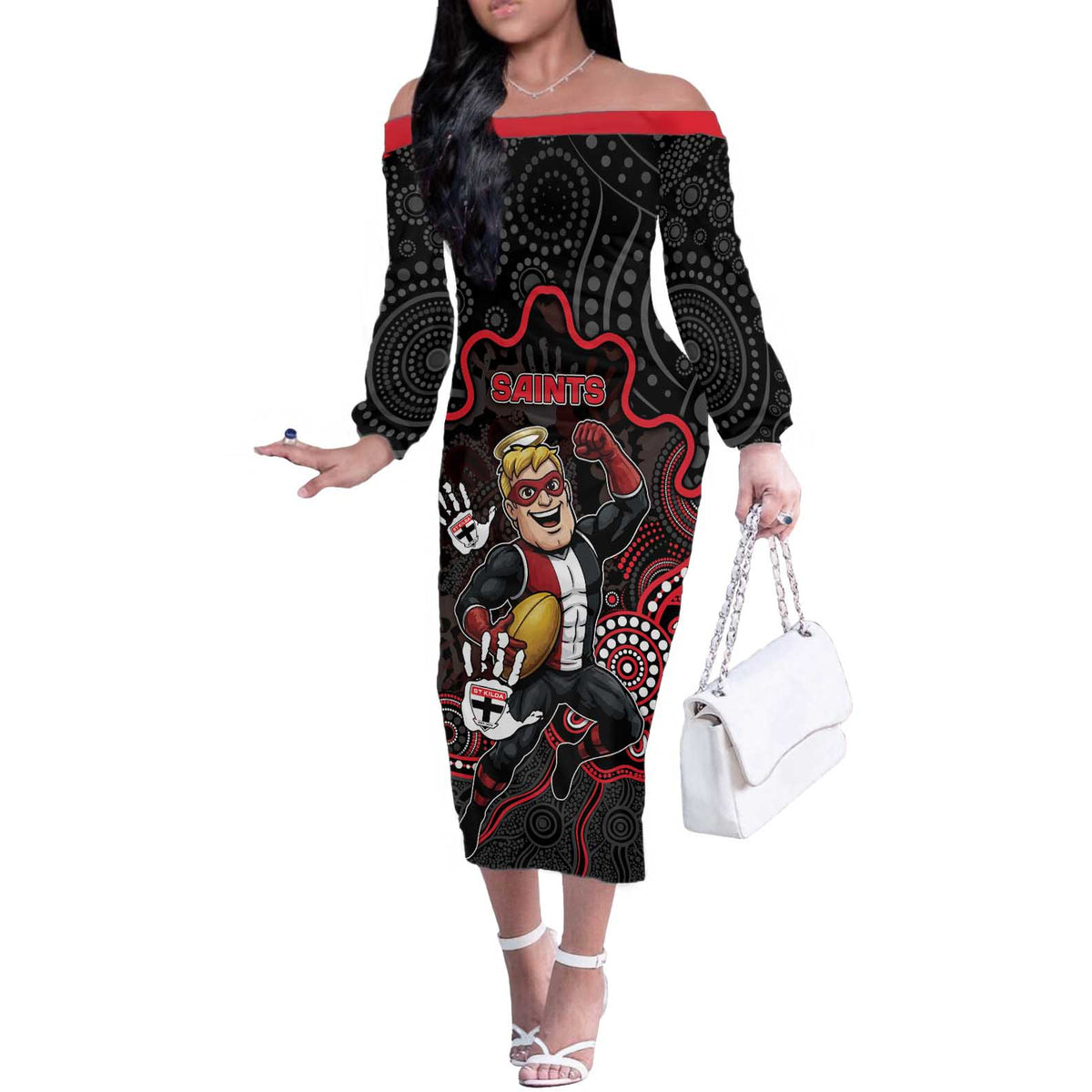 Custom Saints Football Off The Shoulder Long Sleeve Dress Aboriginal Dot Art Pattern