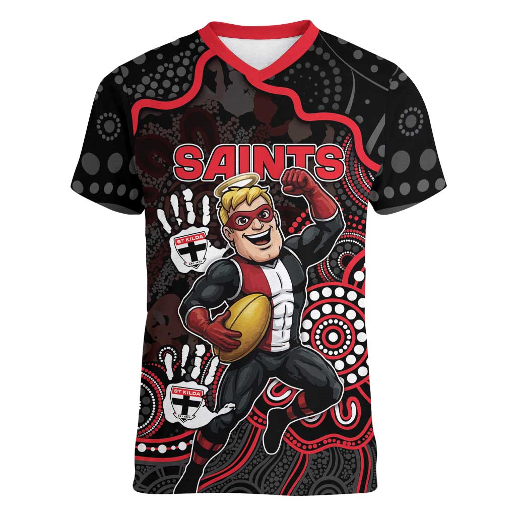 Custom Saints Football Women V-Neck T-Shirt Aboriginal Dot Art Pattern