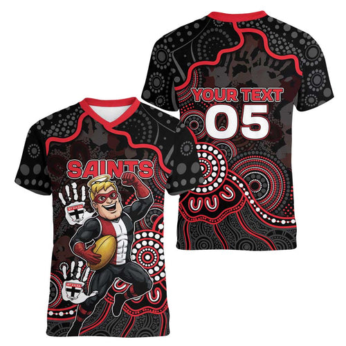 Custom Saints Football Women V-Neck T-Shirt Aboriginal Dot Art Pattern