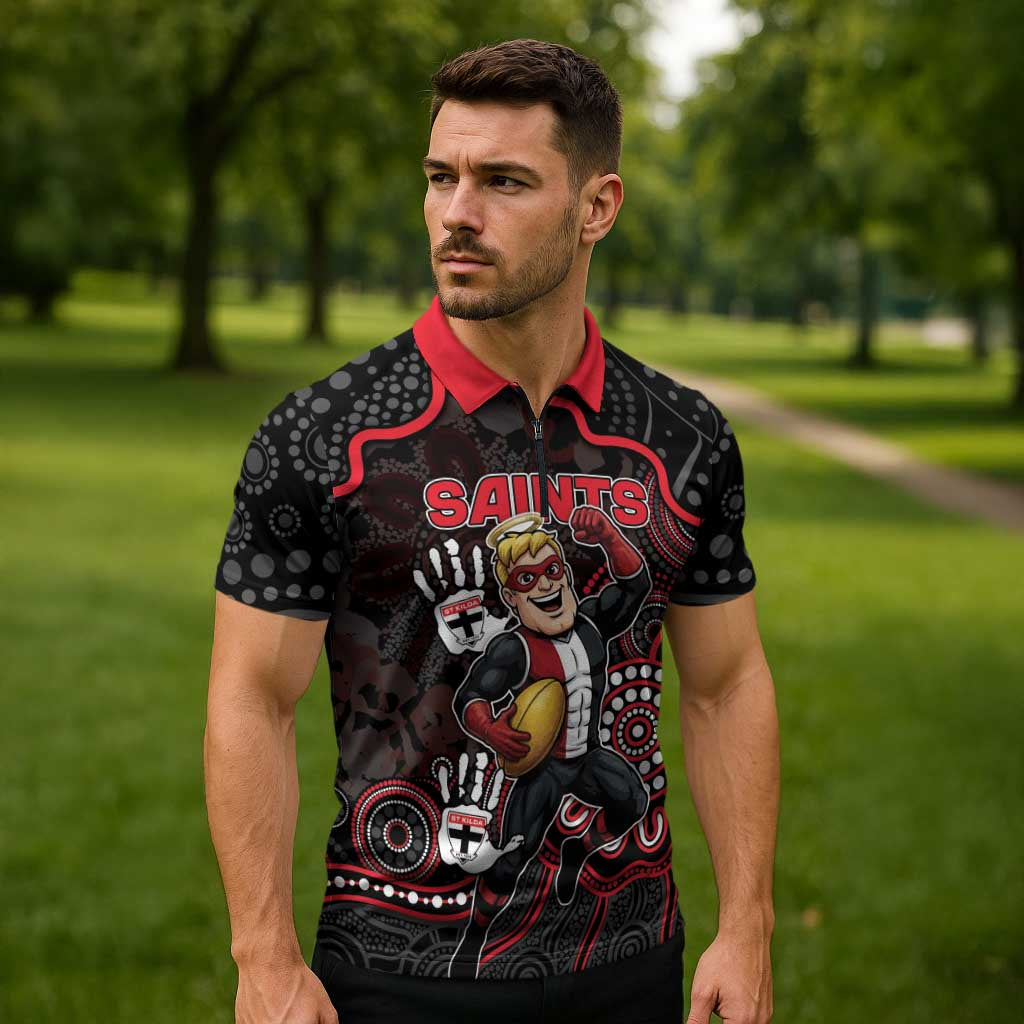 Custom Saints Football Zipper Polo Shirt Aboriginal Dot Art Pattern
