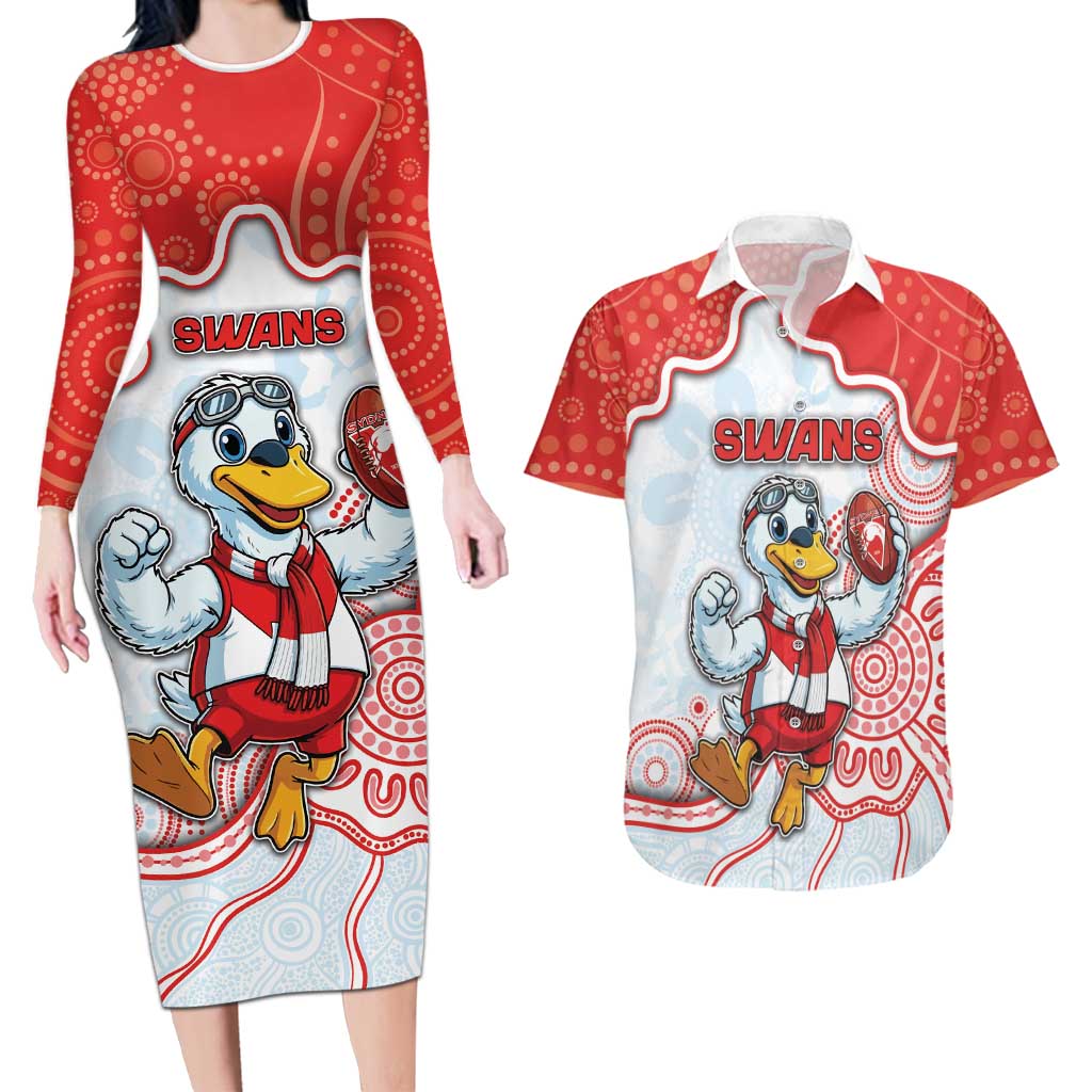 Custom Swans Football Couples Matching Long Sleeve Bodycon Dress and Hawaiian Shirt Aboriginal Dot Art Pattern