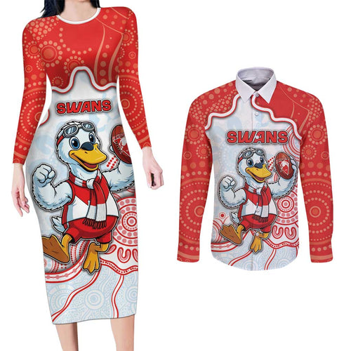 Custom Swans Football Couples Matching Long Sleeve Bodycon Dress and Long Sleeve Button Shirt Aboriginal Dot Art Pattern