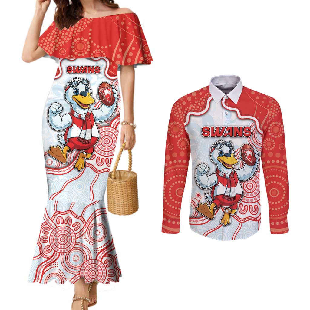 Custom Swans Football Couples Matching Mermaid Dress and Long Sleeve Button Shirt Aboriginal Dot Art Pattern