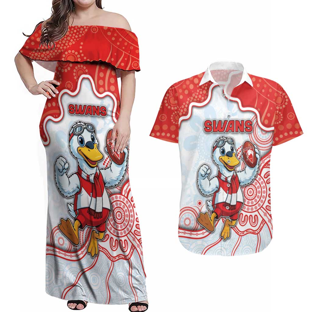Custom Swans Football Couples Matching Off Shoulder Maxi Dress and Hawaiian Shirt Aboriginal Dot Art Pattern