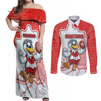 Custom Swans Football Couples Matching Off Shoulder Maxi Dress and Long Sleeve Button Shirt Aboriginal Dot Art Pattern