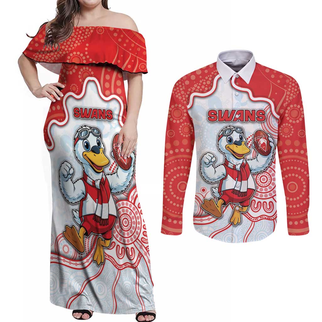 Custom Swans Football Couples Matching Off Shoulder Maxi Dress and Long Sleeve Button Shirt Aboriginal Dot Art Pattern