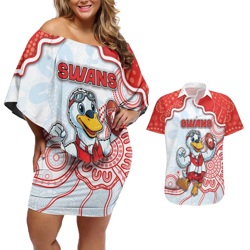 Custom Swans Football Couples Matching Off Shoulder Short Dress and Hawaiian Shirt Aboriginal Dot Art Pattern