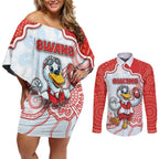 Custom Swans Football Couples Matching Off Shoulder Short Dress and Long Sleeve Button Shirt Aboriginal Dot Art Pattern