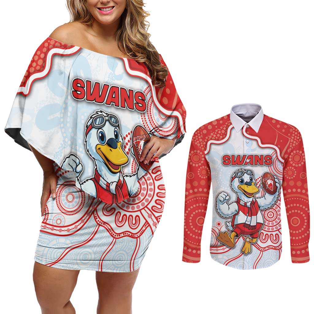 Custom Swans Football Couples Matching Off Shoulder Short Dress and Long Sleeve Button Shirt Aboriginal Dot Art Pattern