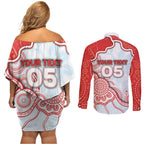 Custom Swans Football Couples Matching Off Shoulder Short Dress and Long Sleeve Button Shirt Aboriginal Dot Art Pattern