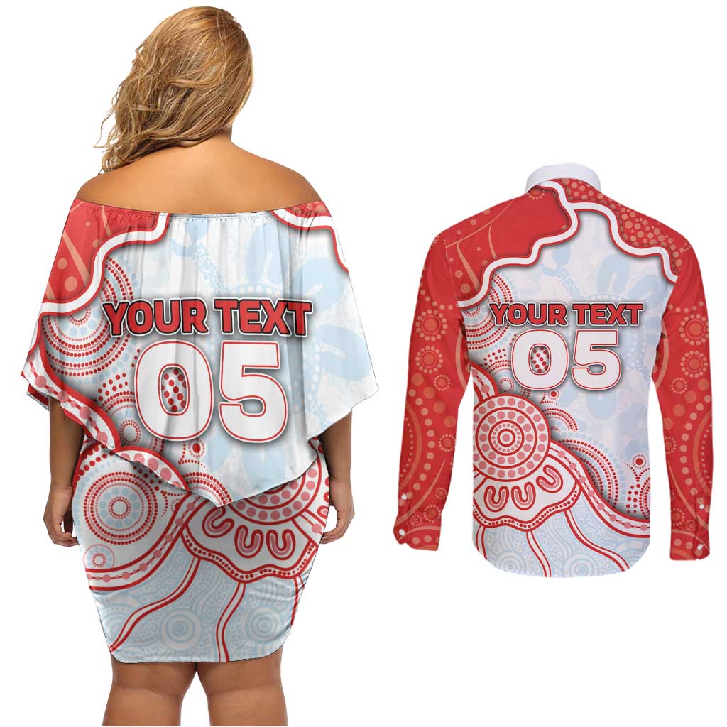 Custom Swans Football Couples Matching Off Shoulder Short Dress and Long Sleeve Button Shirt Aboriginal Dot Art Pattern