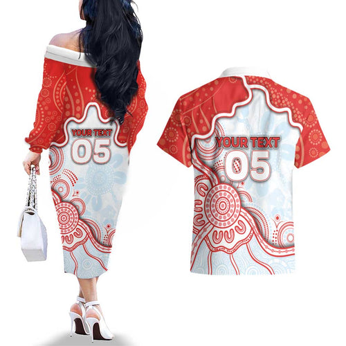 Custom Swans Football Couples Matching Off The Shoulder Long Sleeve Dress and Hawaiian Shirt Aboriginal Dot Art Pattern