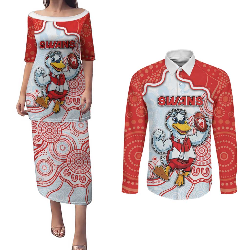 Custom Swans Football Couples Matching Puletasi and Long Sleeve Button Shirt Aboriginal Dot Art Pattern