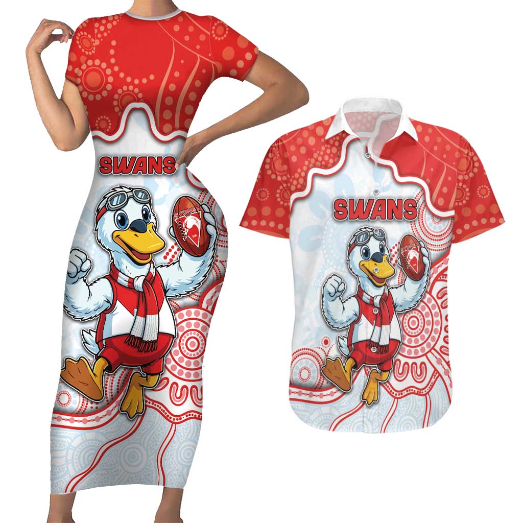 Custom Swans Football Couples Matching Short Sleeve Bodycon Dress and Hawaiian Shirt Aboriginal Dot Art Pattern