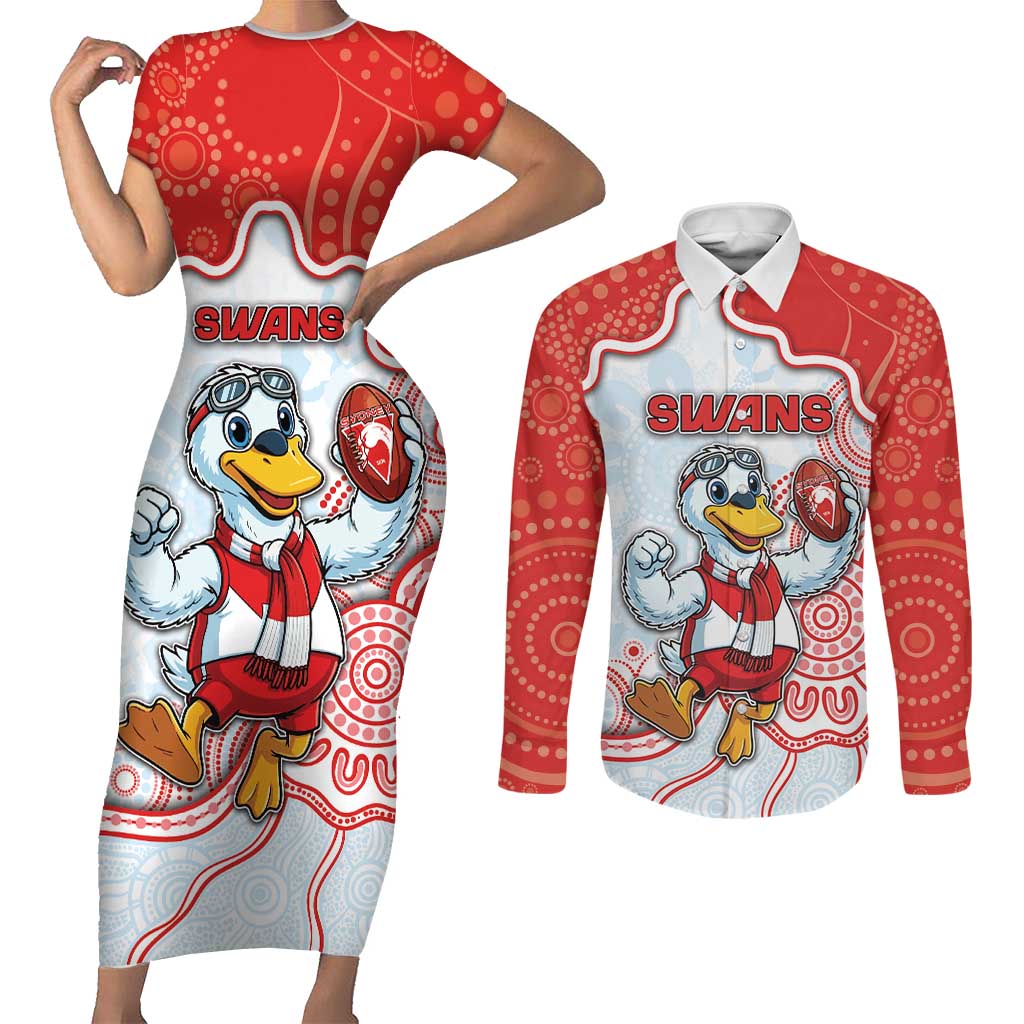 Custom Swans Football Couples Matching Short Sleeve Bodycon Dress and Long Sleeve Button Shirt Aboriginal Dot Art Pattern