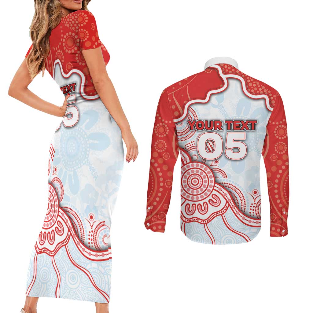 Custom Swans Football Couples Matching Short Sleeve Bodycon Dress and Long Sleeve Button Shirt Aboriginal Dot Art Pattern