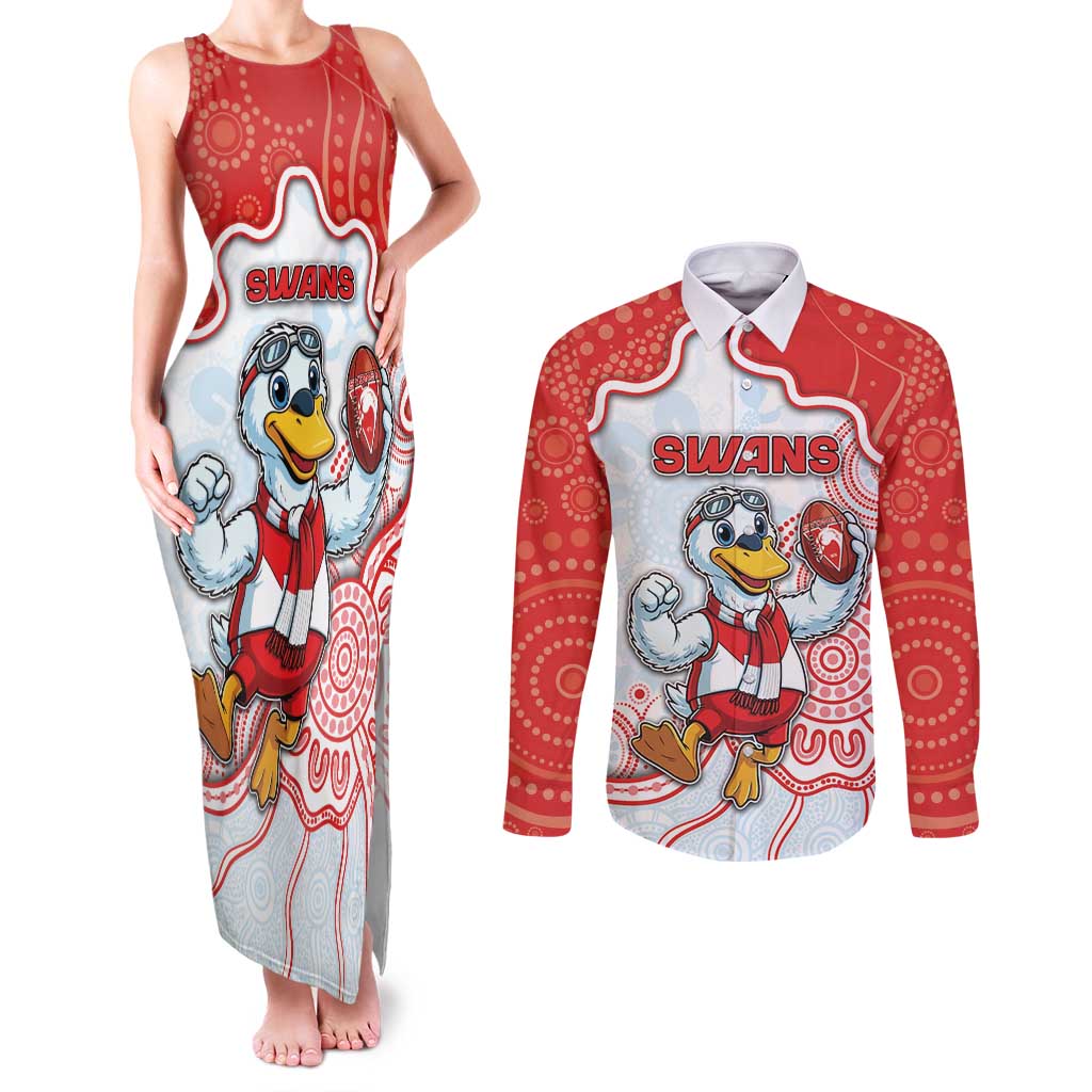 Custom Swans Football Couples Matching Tank Maxi Dress and Long Sleeve Button Shirt Aboriginal Dot Art Pattern