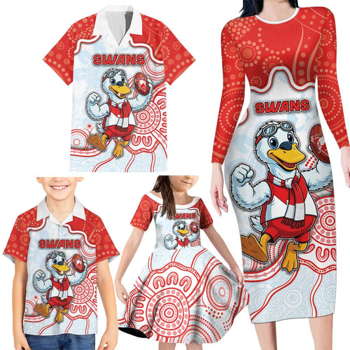 Custom Swans Football Family Matching Long Sleeve Bodycon Dress and Hawaiian Shirt Aboriginal Dot Art Pattern