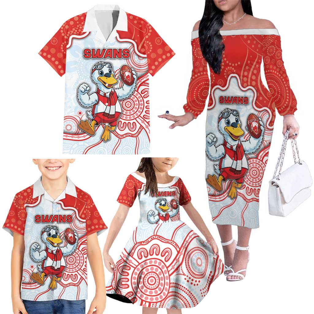 Custom Swans Football Family Matching Off The Shoulder Long Sleeve Dress and Hawaiian Shirt Aboriginal Dot Art Pattern