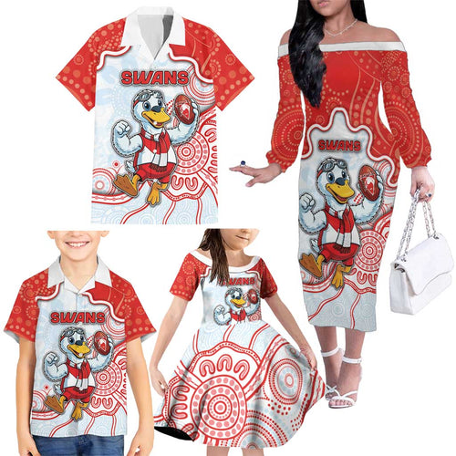 Custom Swans Football Family Matching Off The Shoulder Long Sleeve Dress and Hawaiian Shirt Aboriginal Dot Art Pattern