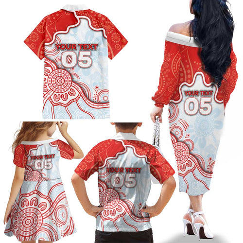 Custom Swans Football Family Matching Off The Shoulder Long Sleeve Dress and Hawaiian Shirt Aboriginal Dot Art Pattern