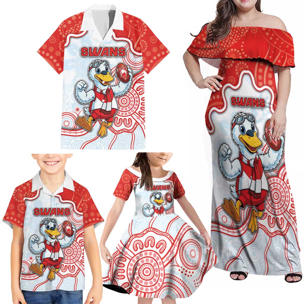 Custom Swans Football Family Matching Off Shoulder Maxi Dress and Hawaiian Shirt Aboriginal Dot Art Pattern