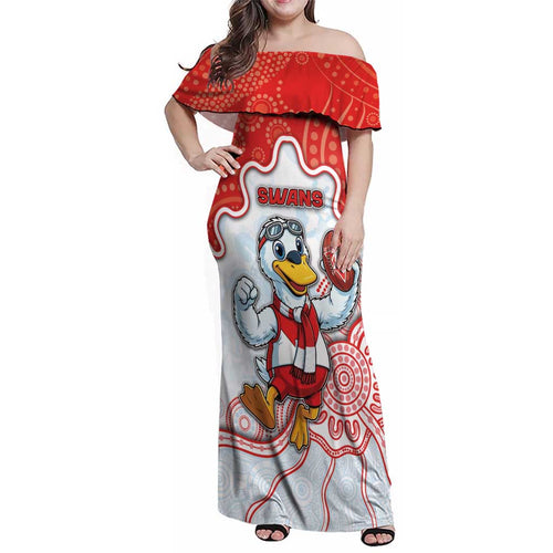 Custom Swans Football Family Matching Off Shoulder Maxi Dress and Hawaiian Shirt Aboriginal Dot Art Pattern