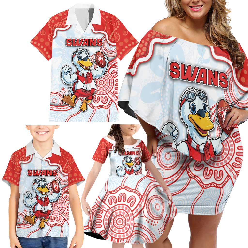 Custom Swans Football Family Matching Off Shoulder Short Dress and Hawaiian Shirt Aboriginal Dot Art Pattern
