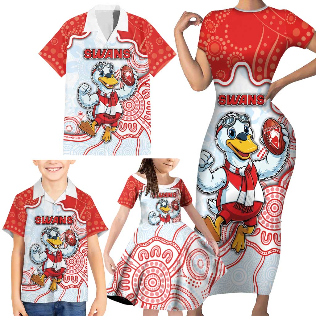 Custom Swans Football Family Matching Short Sleeve Bodycon Dress and Hawaiian Shirt Aboriginal Dot Art Pattern