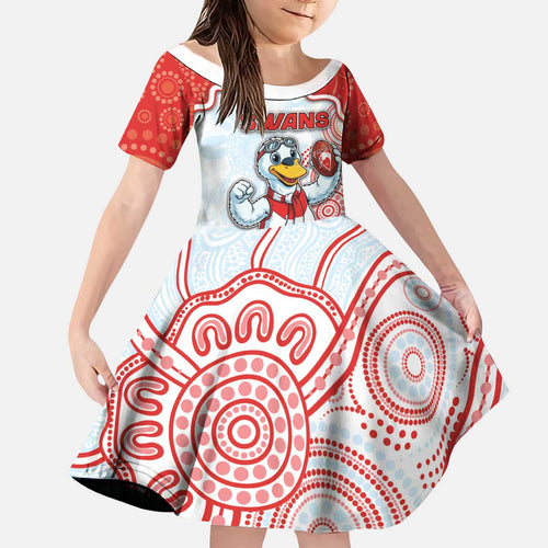 Custom Swans Football Kid Short Sleeve Dress Aboriginal Dot Art Pattern