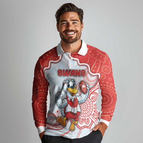 Custom Swans Football Long Sleeve Polo Shirt Aboriginal Dot Art Pattern