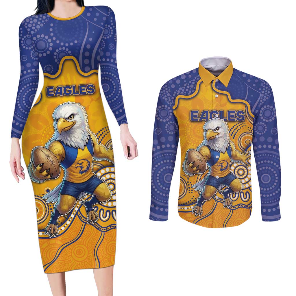Custom Eagles Football Couples Matching Long Sleeve Bodycon Dress and Long Sleeve Button Shirt Aboriginal Dot Art Pattern