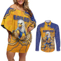 Custom Eagles Football Couples Matching Off Shoulder Short Dress and Long Sleeve Button Shirt Aboriginal Dot Art Pattern