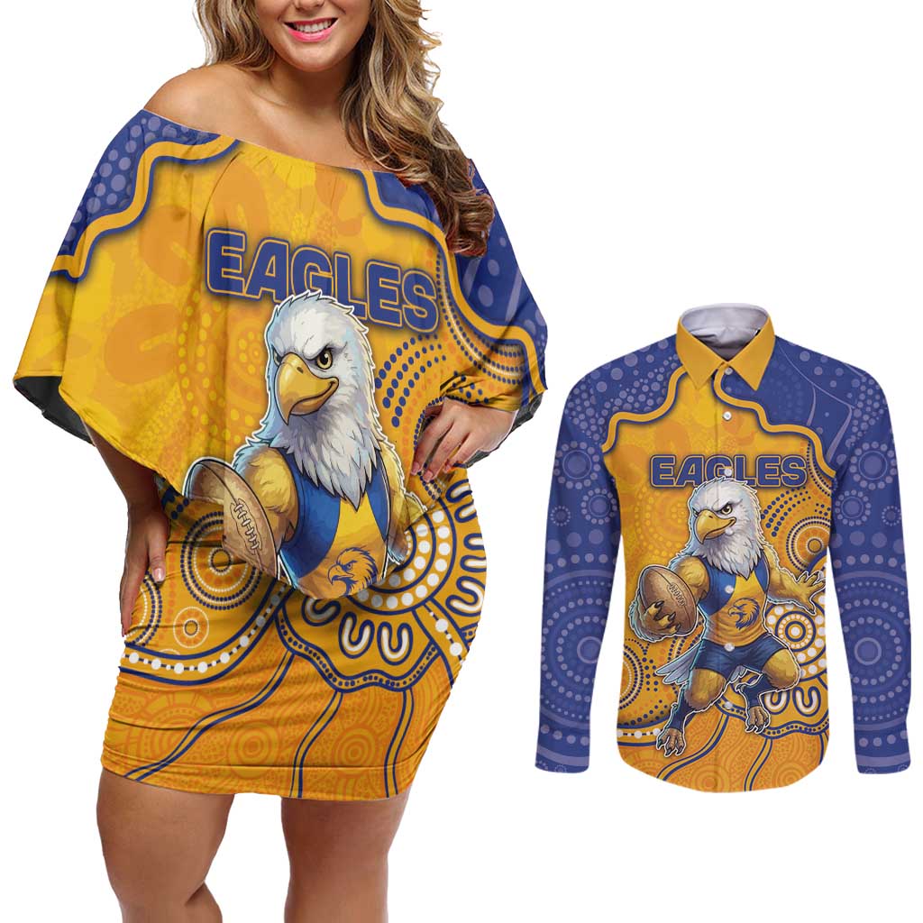 Custom Eagles Football Couples Matching Off Shoulder Short Dress and Long Sleeve Button Shirt Aboriginal Dot Art Pattern