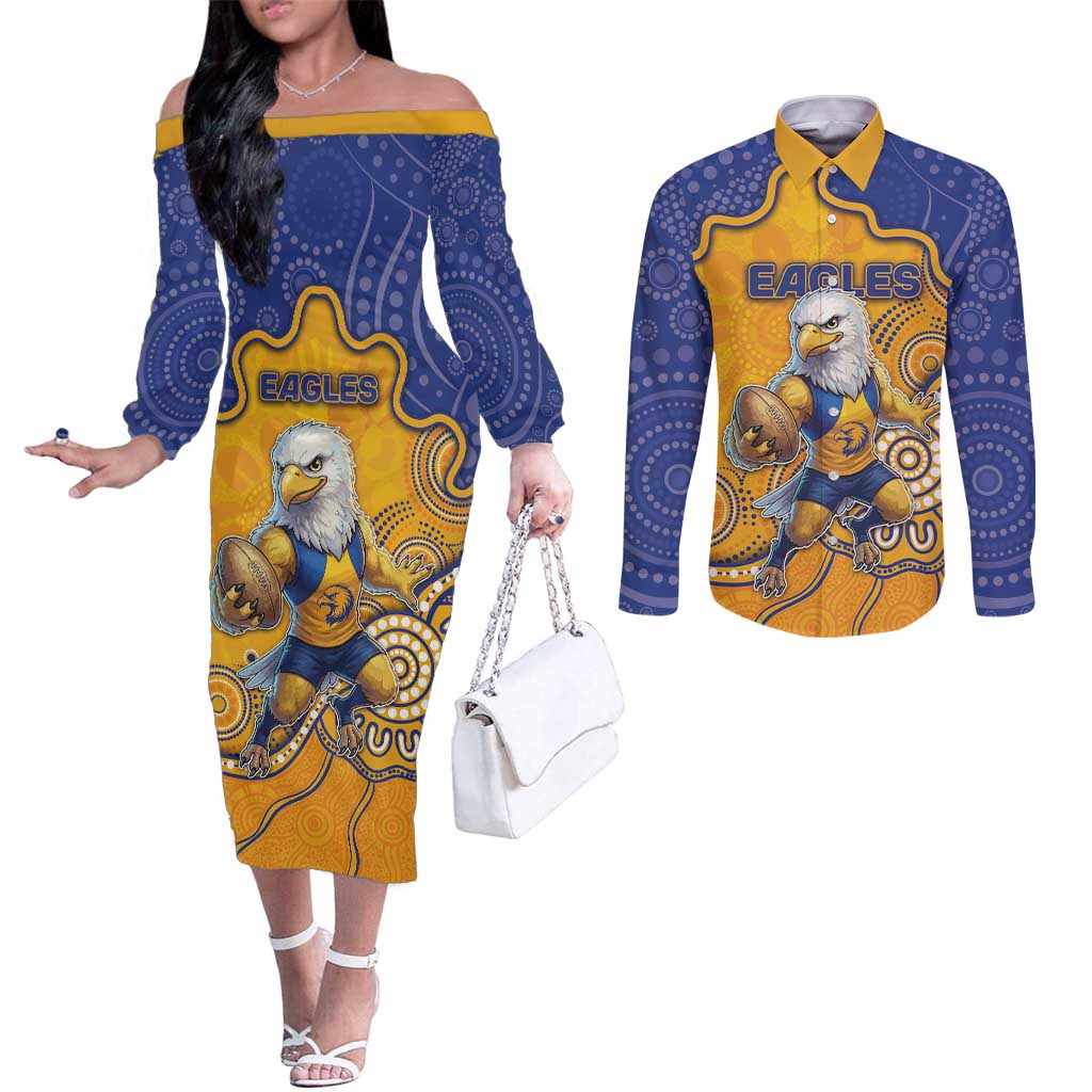 Custom Eagles Football Couples Matching Off The Shoulder Long Sleeve Dress and Long Sleeve Button Shirt Aboriginal Dot Art Pattern