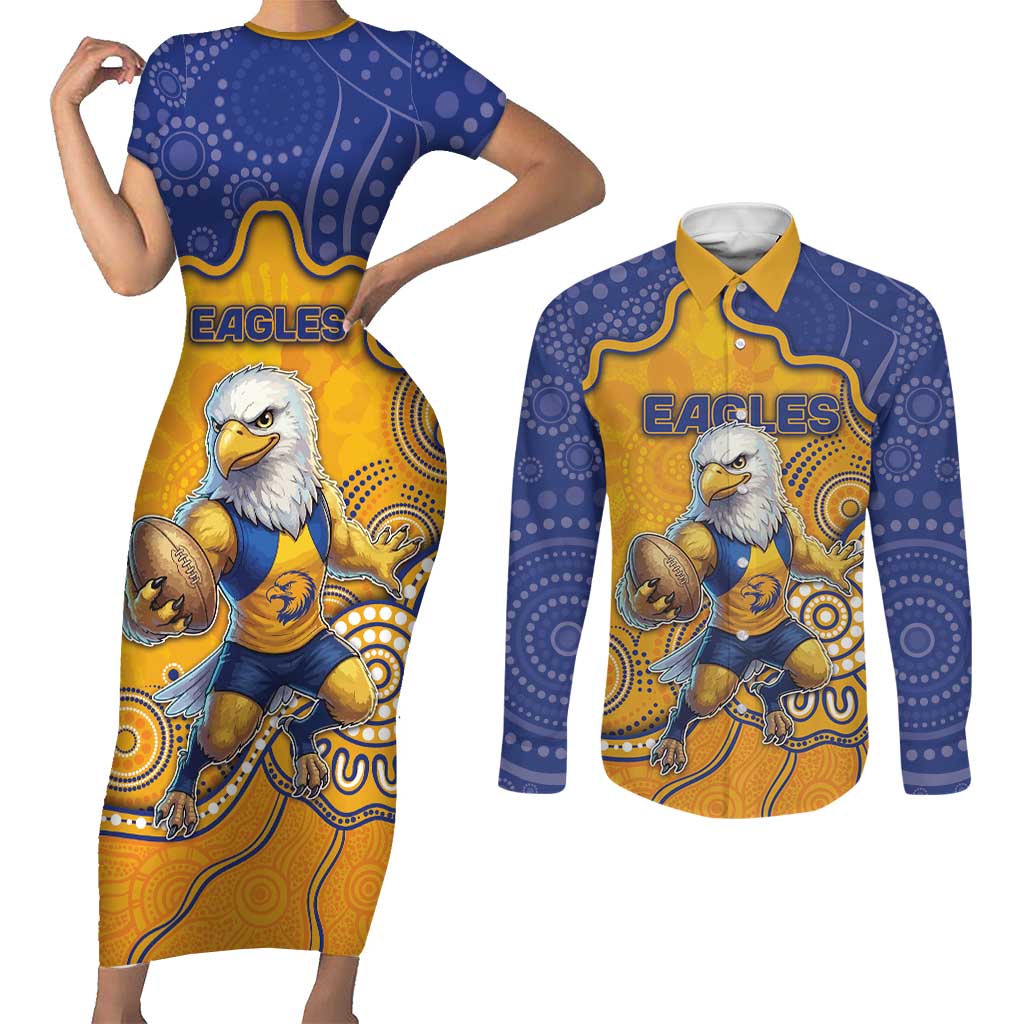 Custom Eagles Football Couples Matching Short Sleeve Bodycon Dress and Long Sleeve Button Shirt Aboriginal Dot Art Pattern