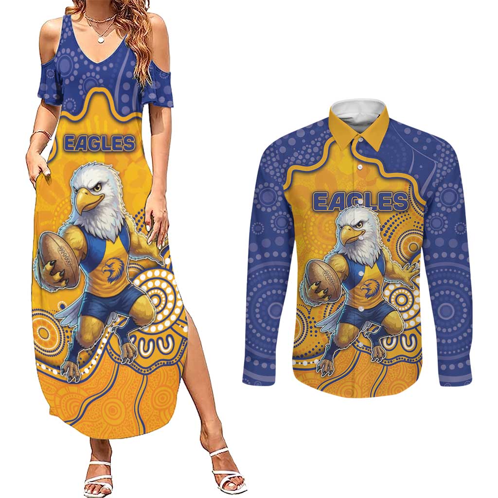Custom Eagles Football Couples Matching Summer Maxi Dress and Long Sleeve Button Shirt Aboriginal Dot Art Pattern