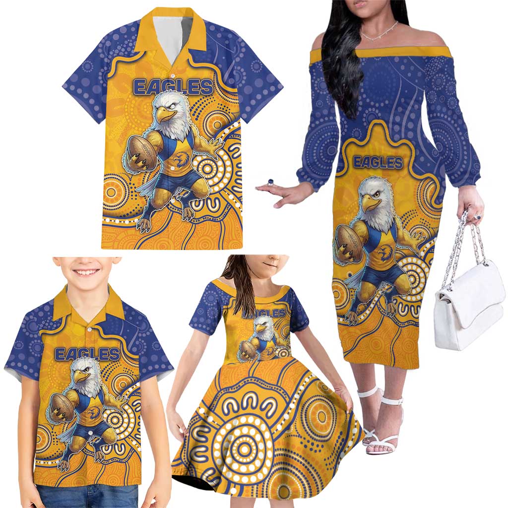 Custom Eagles Football Family Matching Off The Shoulder Long Sleeve Dress and Hawaiian Shirt Aboriginal Dot Art Pattern