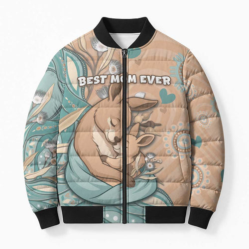 Personalised Australia Mother's Day Bomber Puffer Jacket Kangaroo Mum And Joey Aboriginal Dot Art