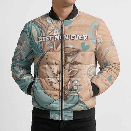 Personalised Australia Mother's Day Bomber Puffer Jacket Kangaroo Mum And Joey Aboriginal Dot Art