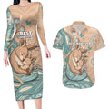 Personalised Australia Mother's Day Couples Matching Long Sleeve Bodycon Dress and Hawaiian Shirt Kangaroo Mum And Joey Aboriginal Dot Art