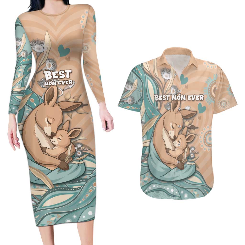 Personalised Australia Mother's Day Couples Matching Long Sleeve Bodycon Dress and Hawaiian Shirt Kangaroo Mum And Joey Aboriginal Dot Art