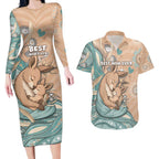 Personalised Australia Mother's Day Couples Matching Long Sleeve Bodycon Dress and Hawaiian Shirt Kangaroo Mum And Joey Aboriginal Dot Art