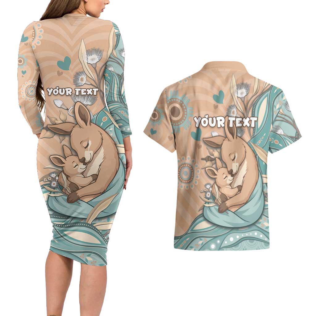 Personalised Australia Mother's Day Couples Matching Long Sleeve Bodycon Dress and Hawaiian Shirt Kangaroo Mum And Joey Aboriginal Dot Art