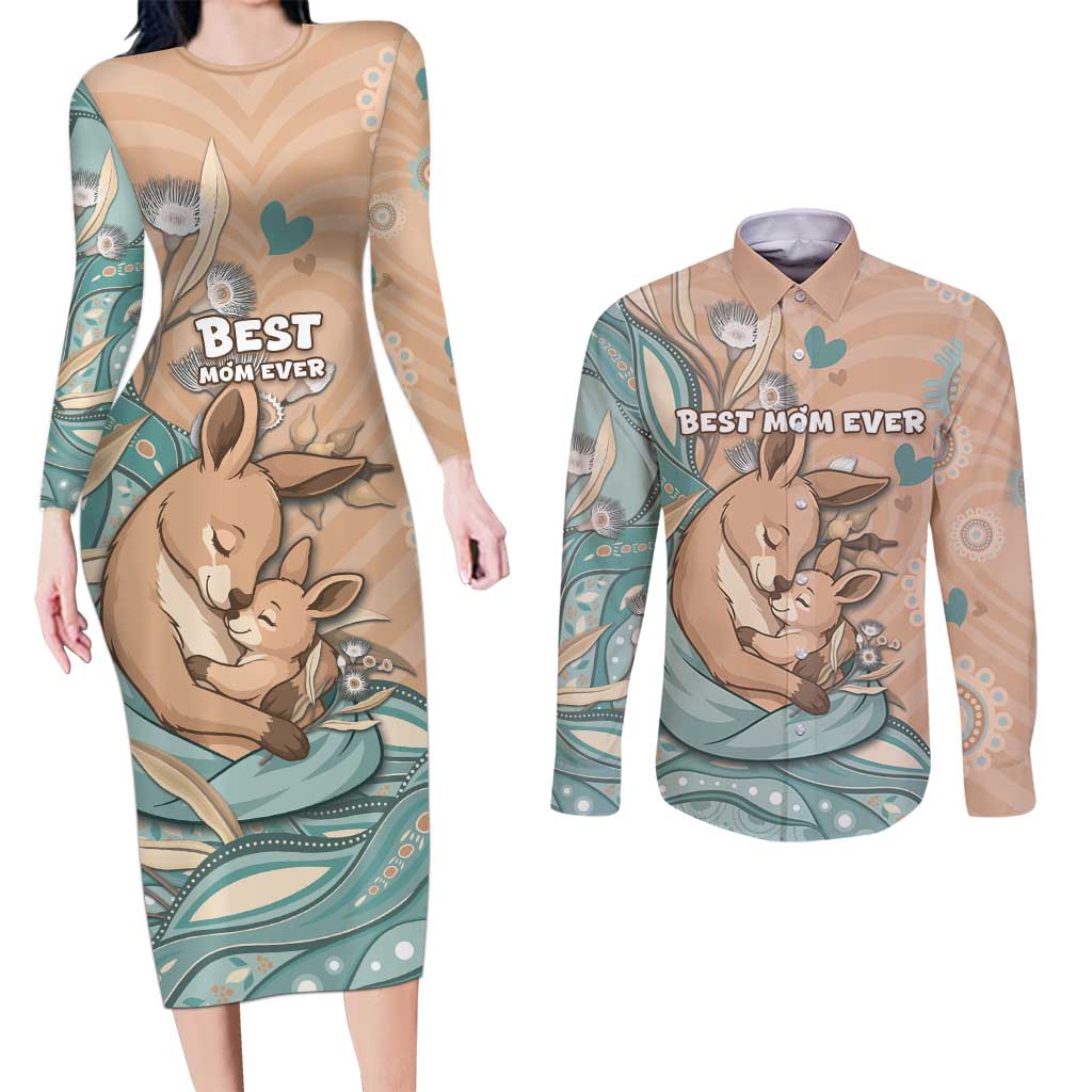 Personalised Australia Mother's Day Couples Matching Long Sleeve Bodycon Dress and Long Sleeve Button Shirt Kangaroo Mum And Joey Aboriginal Dot Art